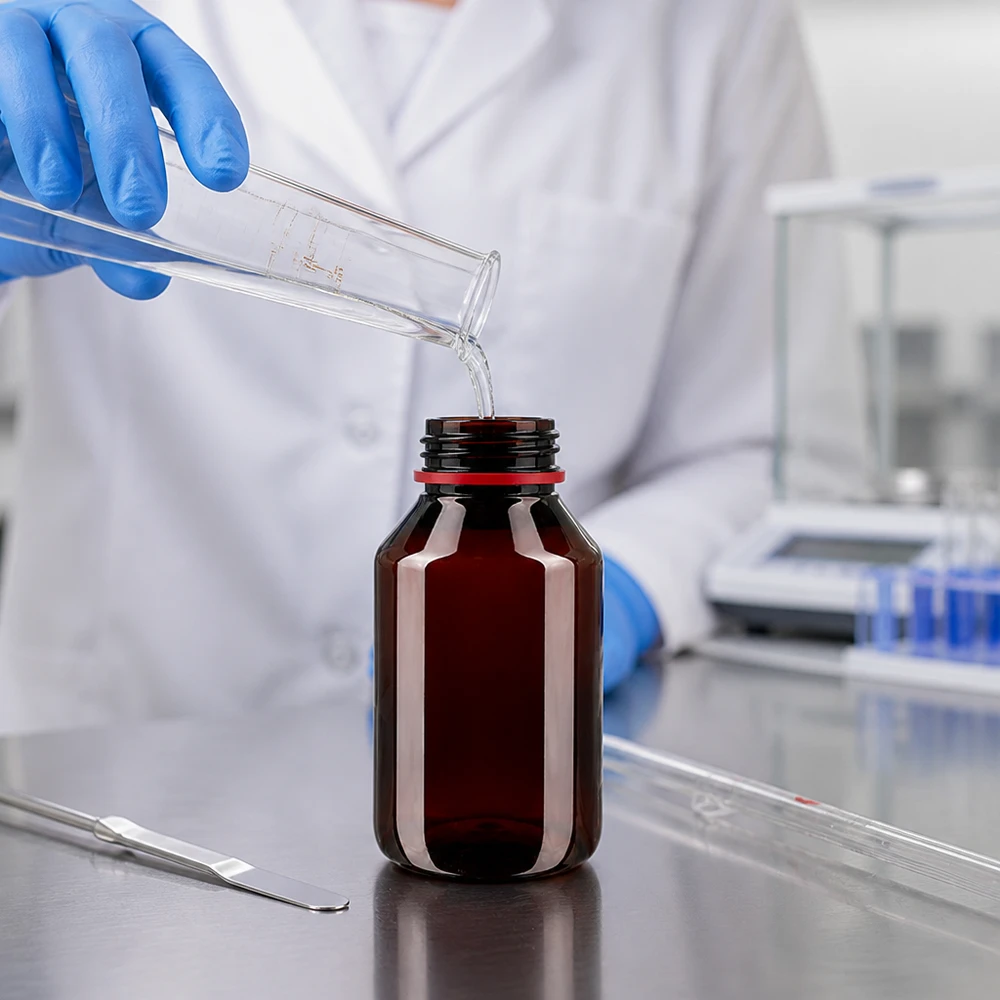 Laborant napełnia brązową butelkę PET o szerokiej szyjce o pojemności 50 ml z białym zamknięciem i czerwonym pierścieniem OV