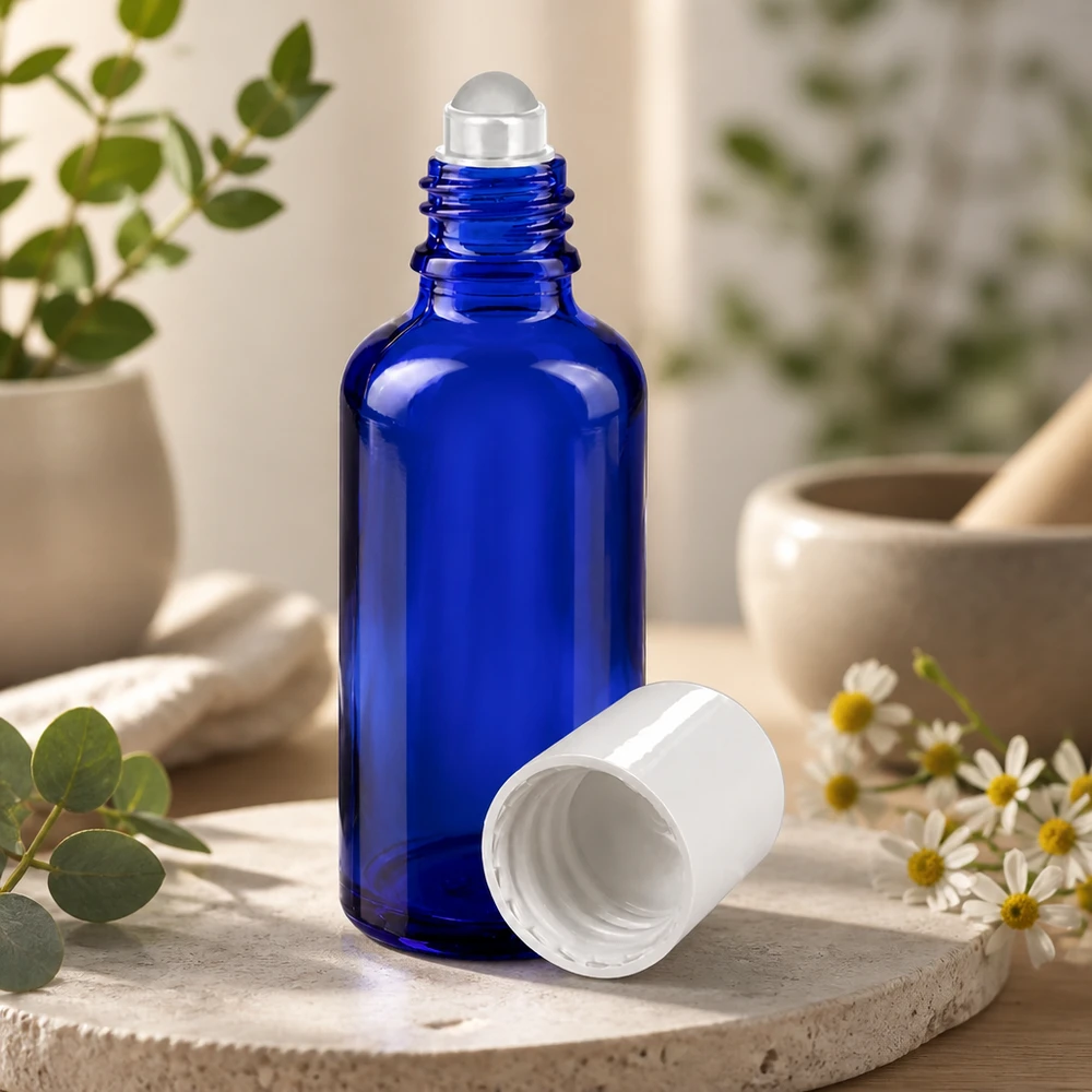 Butelka apteczna niebieska 50ml nakrętka roll-on biała Niebieska szklana buteleczka o pojemności 50 ml z kulką rolkową i białą nakrętką, stojąca na kamieniu naturalnym przed kompozycją ziołową