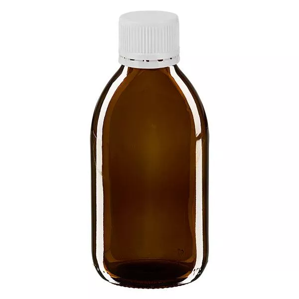 Butelka na lek 250 ml brązowa, zakrętka biała z pierścieniem zabezpieczającym ApoGlas. Farmaceutyczna jakość produkcji UE. Gwint 28 mm (PP28). (syrop, butelka z lekkiego szkła) Butelka na lek 250 ml brązowa, zakrętka biała z pierścieniem zabezpieczającym ApoGlas. Farmaceutyczna jakość produkcji UE. Gwint 28 mm (PP28). (syrop, butelka z lekkiego szkła)