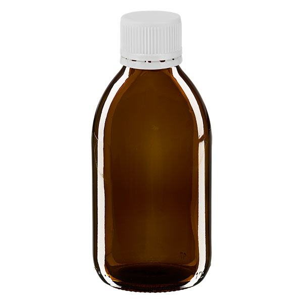 Butelka na lek 250 ml brązowa, zakrętka biała z pierścieniem zabezpieczającym ApoGlas. Farmaceutyczna jakość produkcji UE. Gwint 28 mm (PP28). (syrop, butelka z lekkiego szkła) Butelka na lek 250 ml brązowa, zakrętka biała z pierścieniem zabezpieczającym ApoGlas. Farmaceutyczna jakość produkcji UE. Gwint 28 mm (PP28). (syrop, butelka z lekkiego szkła)