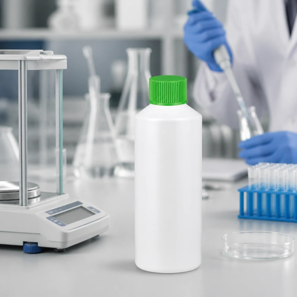 Butelka apteczna z HDPE o pojemności 100 ml, biała z zielonym zamknięciem zabezpieczającym, obok wagi analitycznej w laboratorium