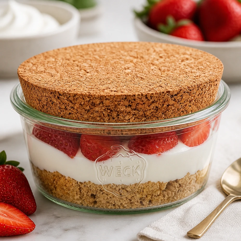Kieliszki WECK 290ml RR100 z naturalnym korkiem jako warstwowy słoik deserowy na tiramisu z truskawkami