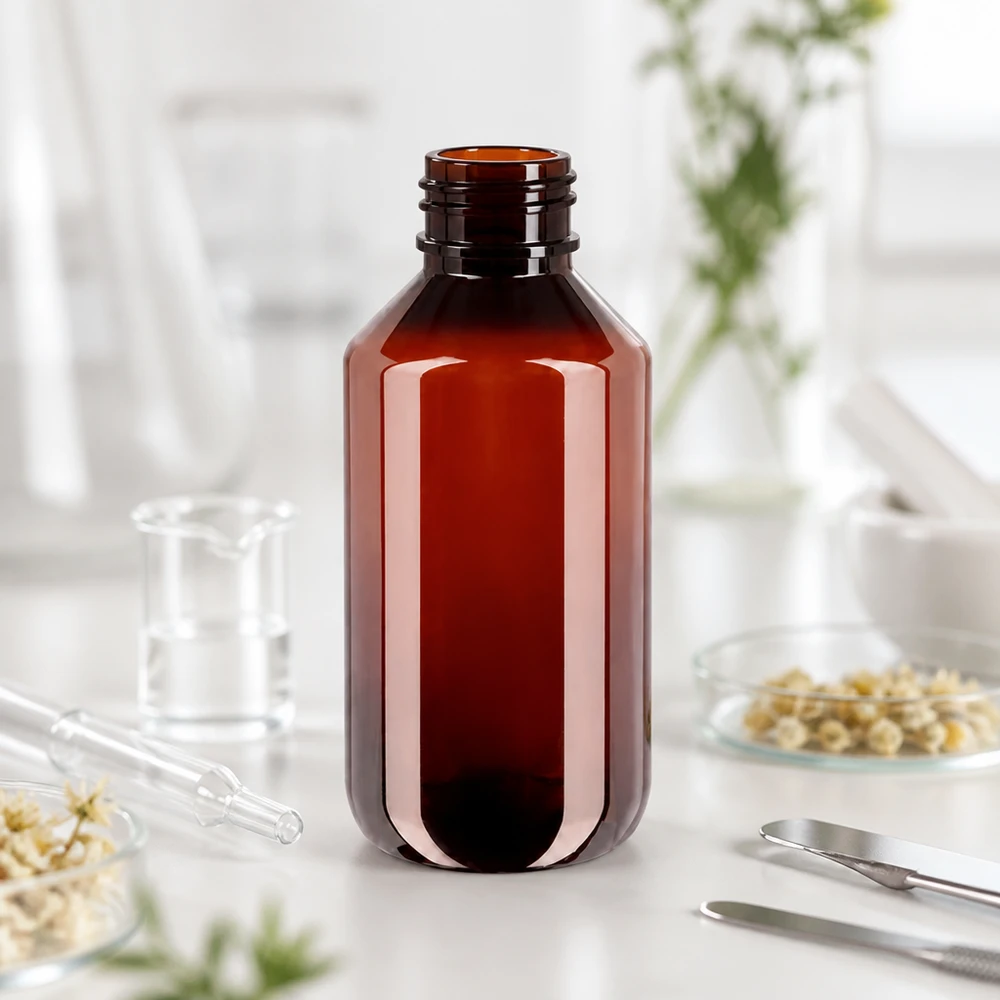 Plastikowa butelka w kolorze bursztynowym o pojemności 200 ml z białym, żłobkowanym zamknięciem typu OV, przeznaczona do kosmetyków naturalnych