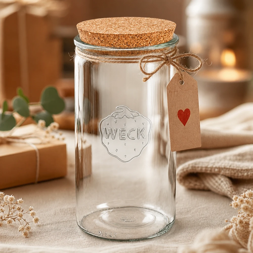 Słoik cylindryczny 1590ml WECK RR100 z korkiem naturalny Słoik na przetwory WECK 1590ml RR100 z korkową pokrywką i przywieszką upominkową ozdobioną tkaninami i kwiatami