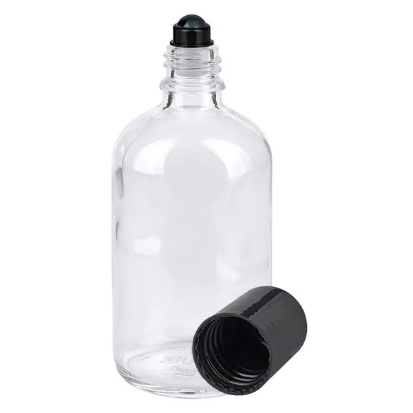 Butelka apteczna przezroczysta 100 ml z czarnym zamknięciem typu roll-on