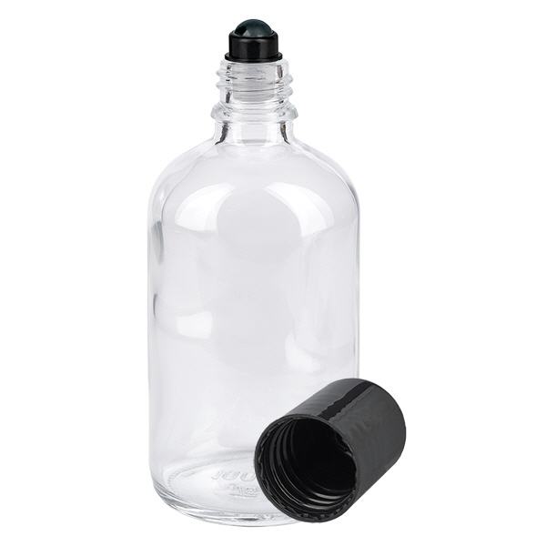 Butelka apteczna przezroczysta 100 ml z czarnym zamknięciem typu roll-on Butelka apteczna przezroczysta 100 ml z czarnym zamknięciem typu roll-on