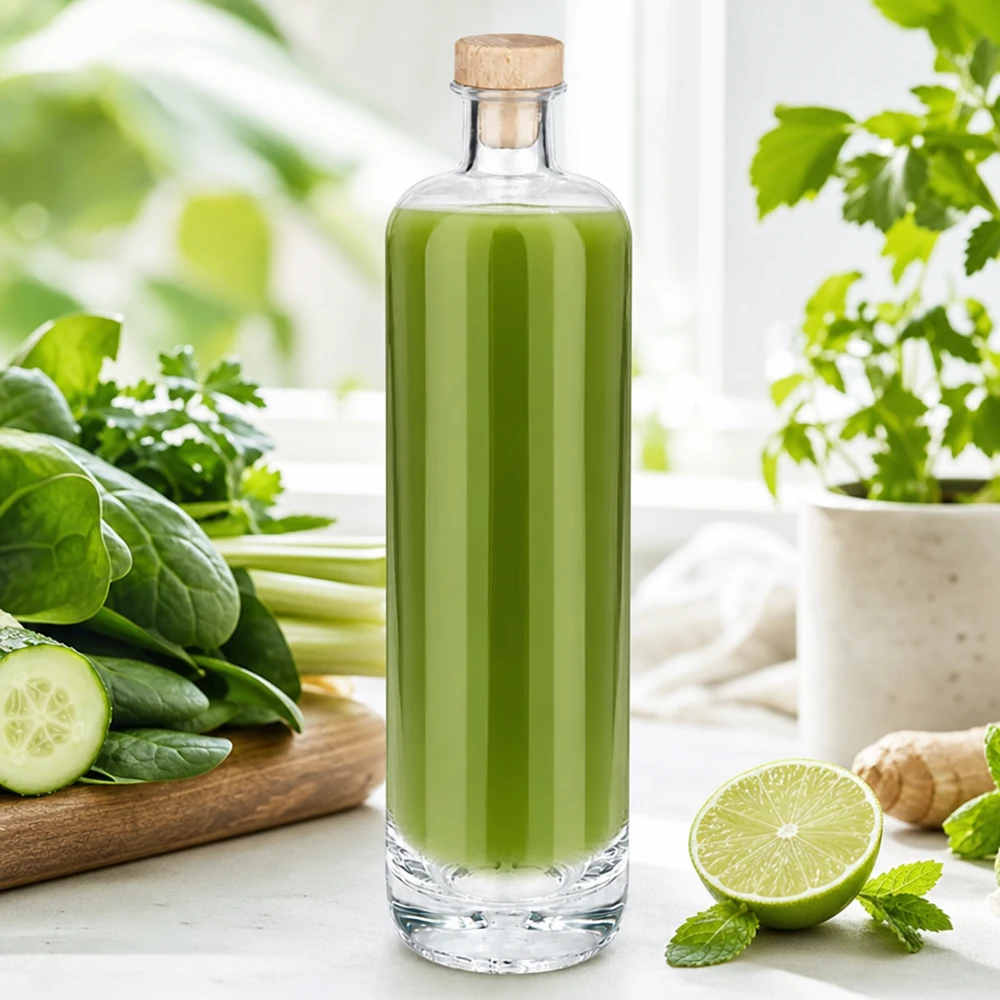 700 ml szklana butelka Ella wypełniona zielonym smoothie i drewnianym korkiem pomiędzy świeżym ogórkiem, limonką i ziołami