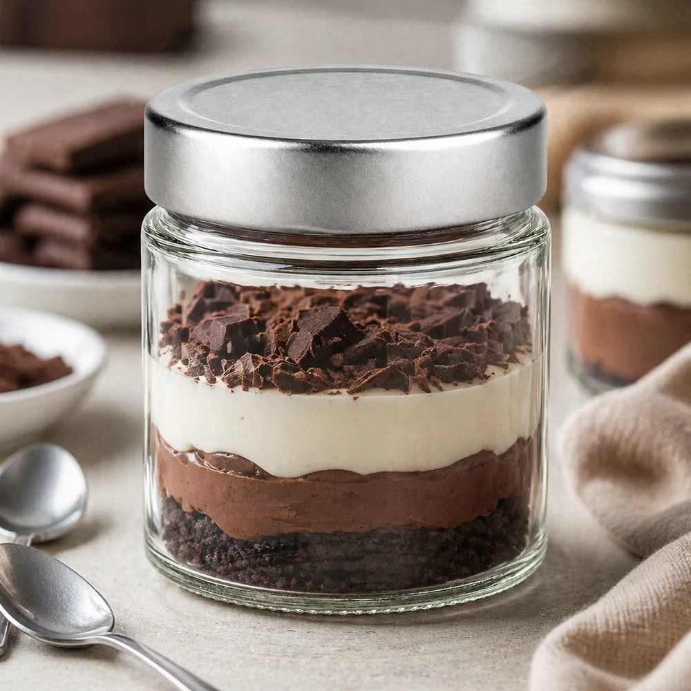 135 ml okrągłe szkło + pokrywka BasicSeal srebrna deep UN.. 135ml okrągły słoik ze srebrną pokrywką na deser tiramisu słoik do przechowywania deserów BasicSeal