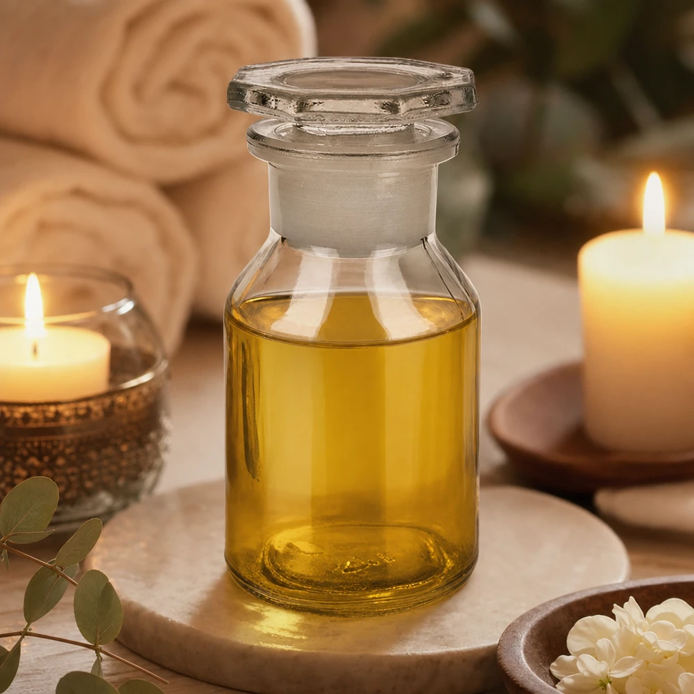 Butelka z przezroczystą szeroką szyjką i szklanym korkiem o pojemności 50 ml Butelka z prostymi ściankami, 50 ml, przezroczysta, z szeroką szyjką i szklanym korkiem, przeznaczona do olejków do masażu i aromaterapii