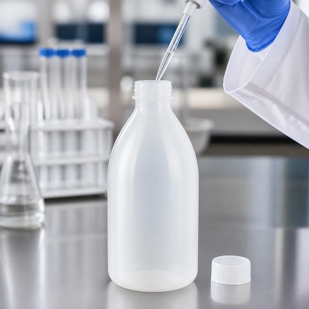 Butelka zakręcana 1000 ml, butelka laboratoryjna z wąską szyjką Schraubflasche 1000ml mit geöffnetem Deckel wird mit Laborflüssigkeit befüllt