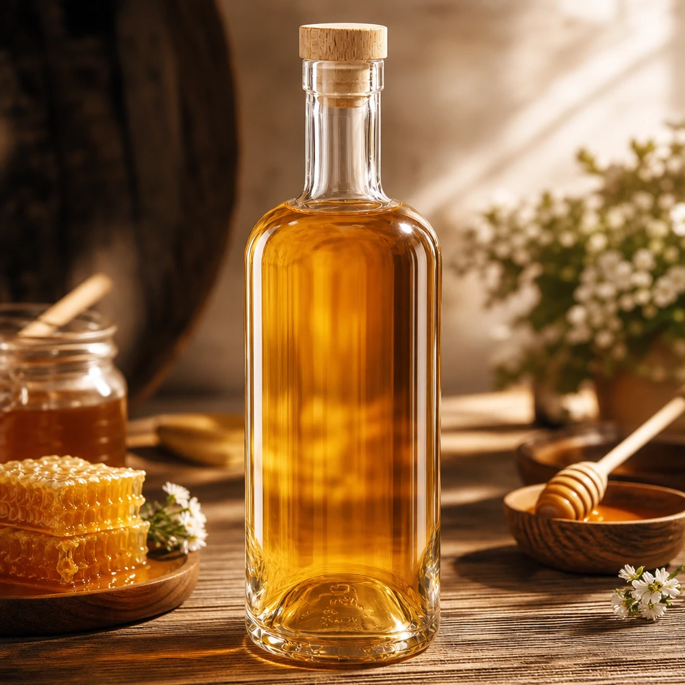 Butelka szklana 750 ml Emma z drewnianym korkiem UNiTWIST® Glasflasche Emma 750ml mit Holzkorken gefüllt mit Honig in rustikaler Küche mit Bienenwaben und Honigzubehör