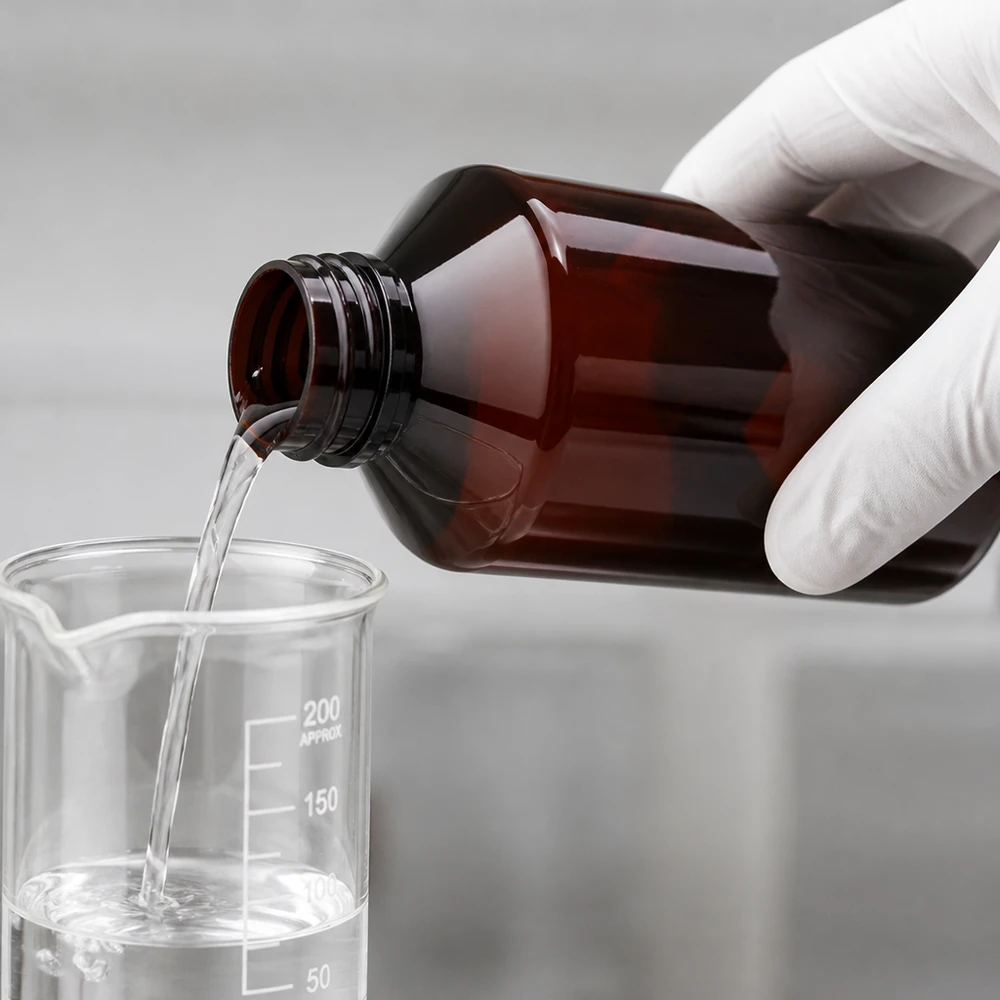 Butelka PET 750 ml z niebieską nakrętką OV Osoba w rękawiczkach nalewa przezroczysty płyn do zlewki z bursztynowej butelki PET o pojemności 750 ml z niebieską nakrętką