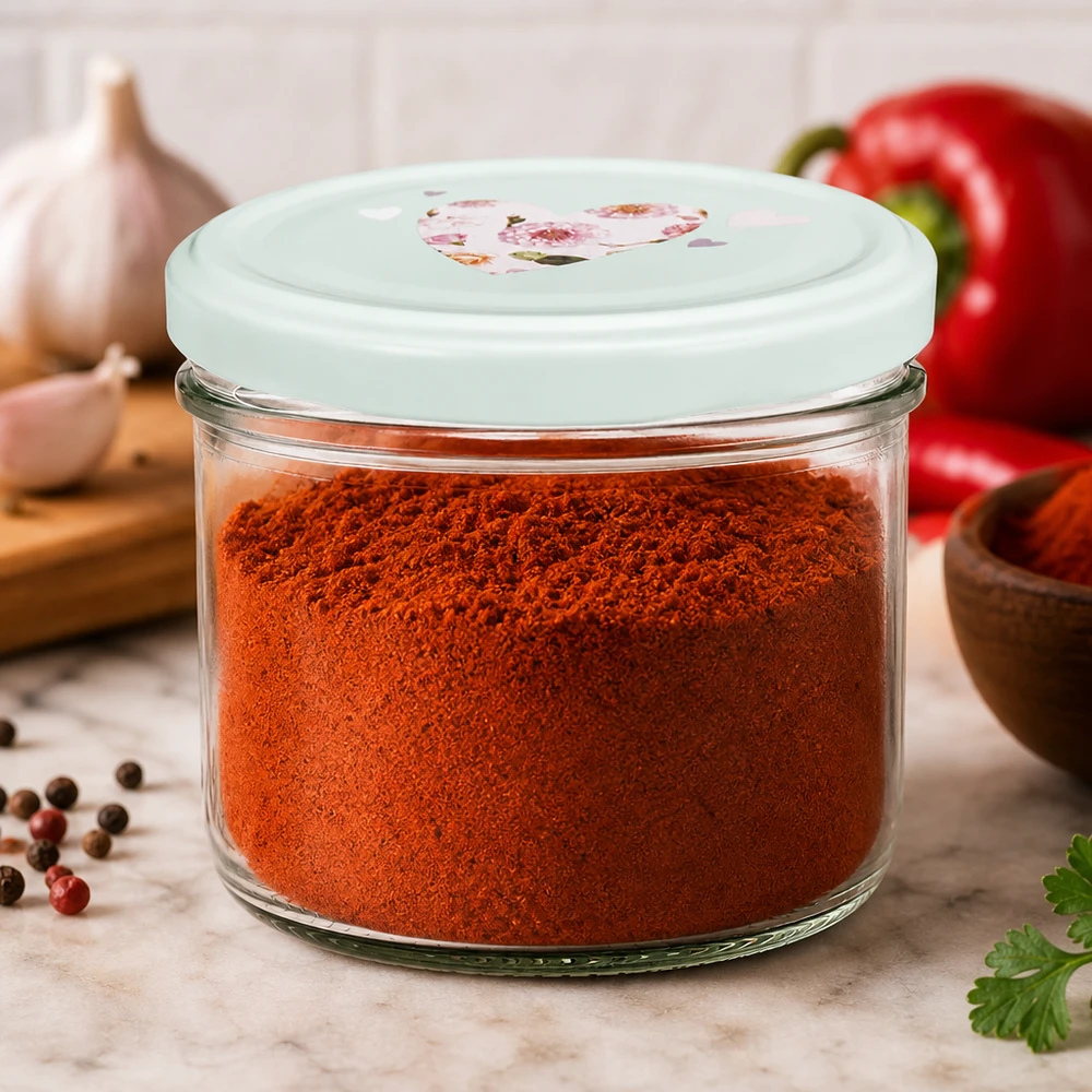 Szklanka cylindryczna 230 ml + pokrywka BasicSeal serce miętowa 230ml Zylinderglas mit mint BasicSeal Deckel gefüllt mit Paprikapulver, ideal für Gewürzaufbewahrung in der Küche