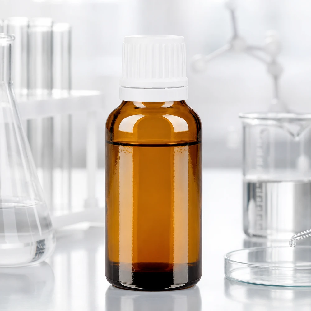 Butelka apteczna o pojemności 20 ml, wykonana z brązowego szkła, z białym zamknięciem zabezpieczającym 11 mm, przeznaczona do zastosowań laboratoryjnych
