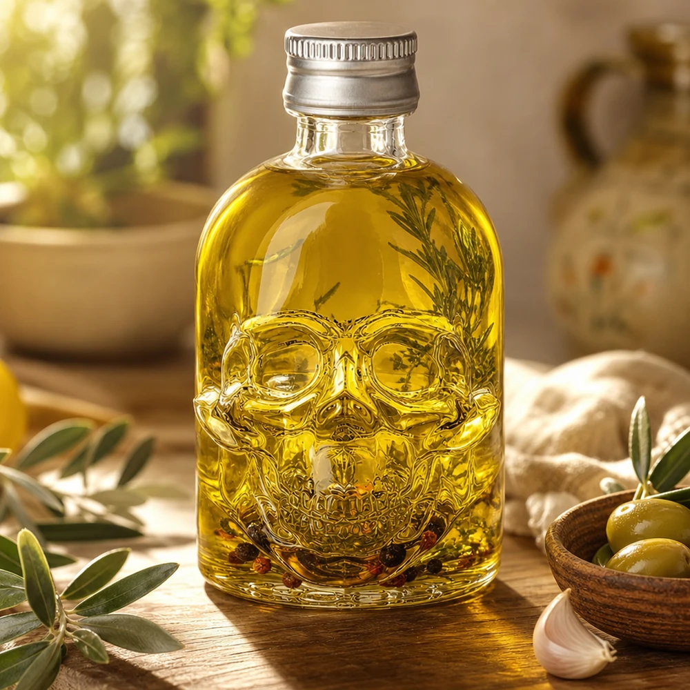 Szklana butelka 50 ml Hector i srebrny zakrętka UNiTWIST® 50 ml szklana butelka Hector wypełniona oliwą z oliwek i ziołami obok oliwek i czosnku w kuchni śródziemnomorskiej