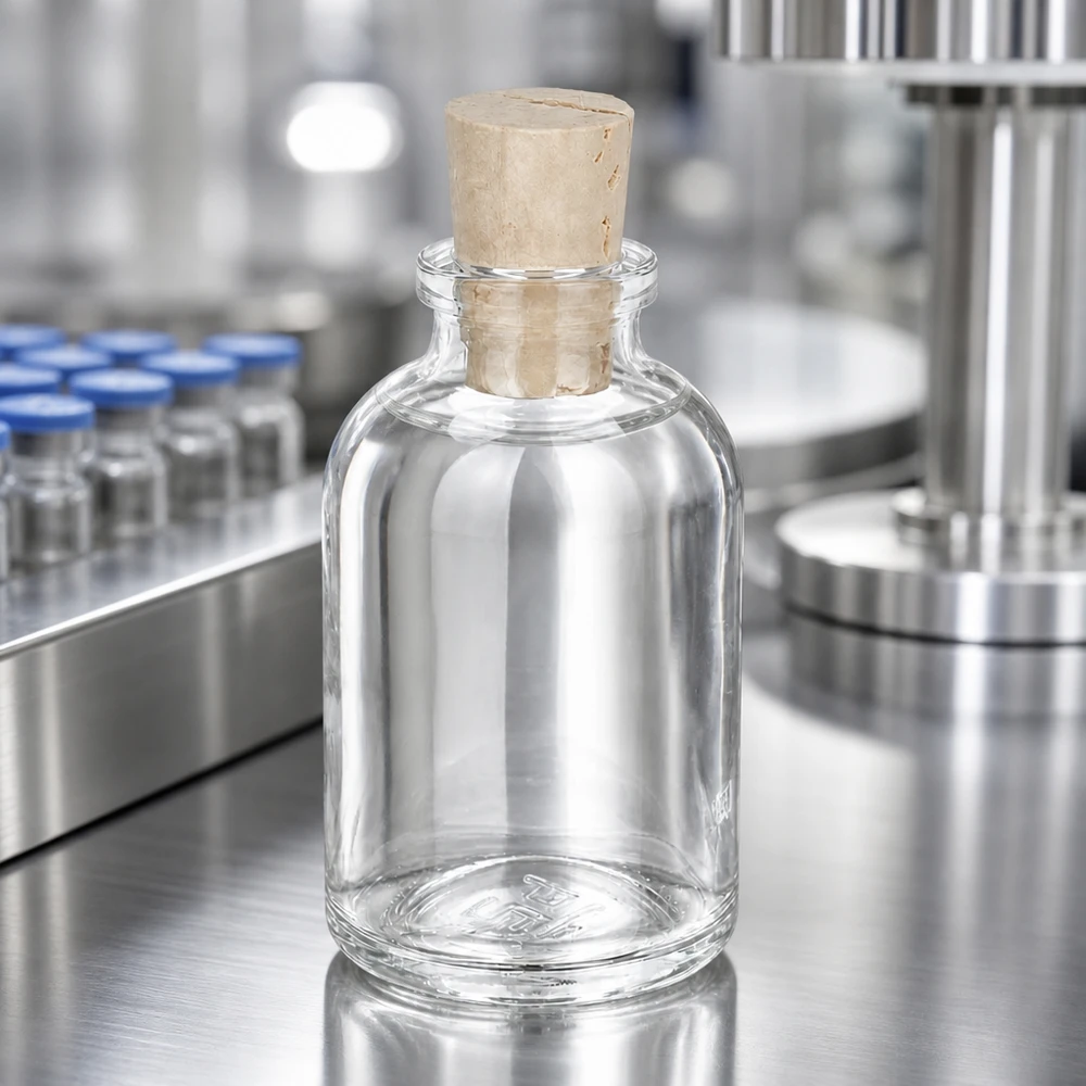 Przezroczysta szklana butelka 50 ml z korkiem 11/14 mm Leere Glasflasche mit breitem Korkverschluss auf glänzender Edelstahlarbeitsplatte im Reinraum