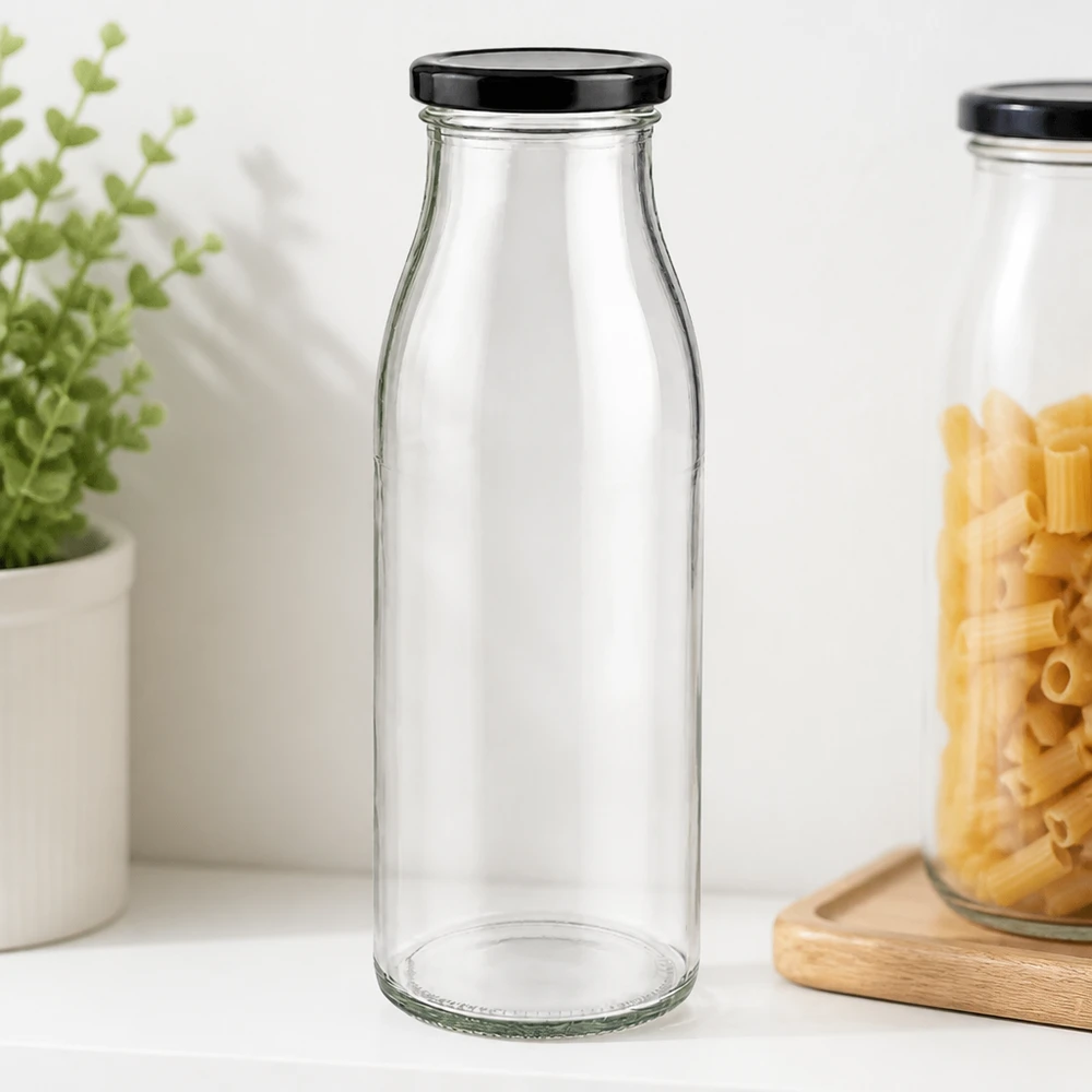 Butelka szklana 500 ml + pokrywka BasicSeal czarna UNiTWIST. Całkowicie szczelna z dużą pokrywką TO48. Do mleka, soków i lemoniady. Przezroczysta, pusta szklana butelka o pojemności 500 ml z czarną pokrywką BasicSeal w stylowym stylu kuchennym z makaronem i ziołami