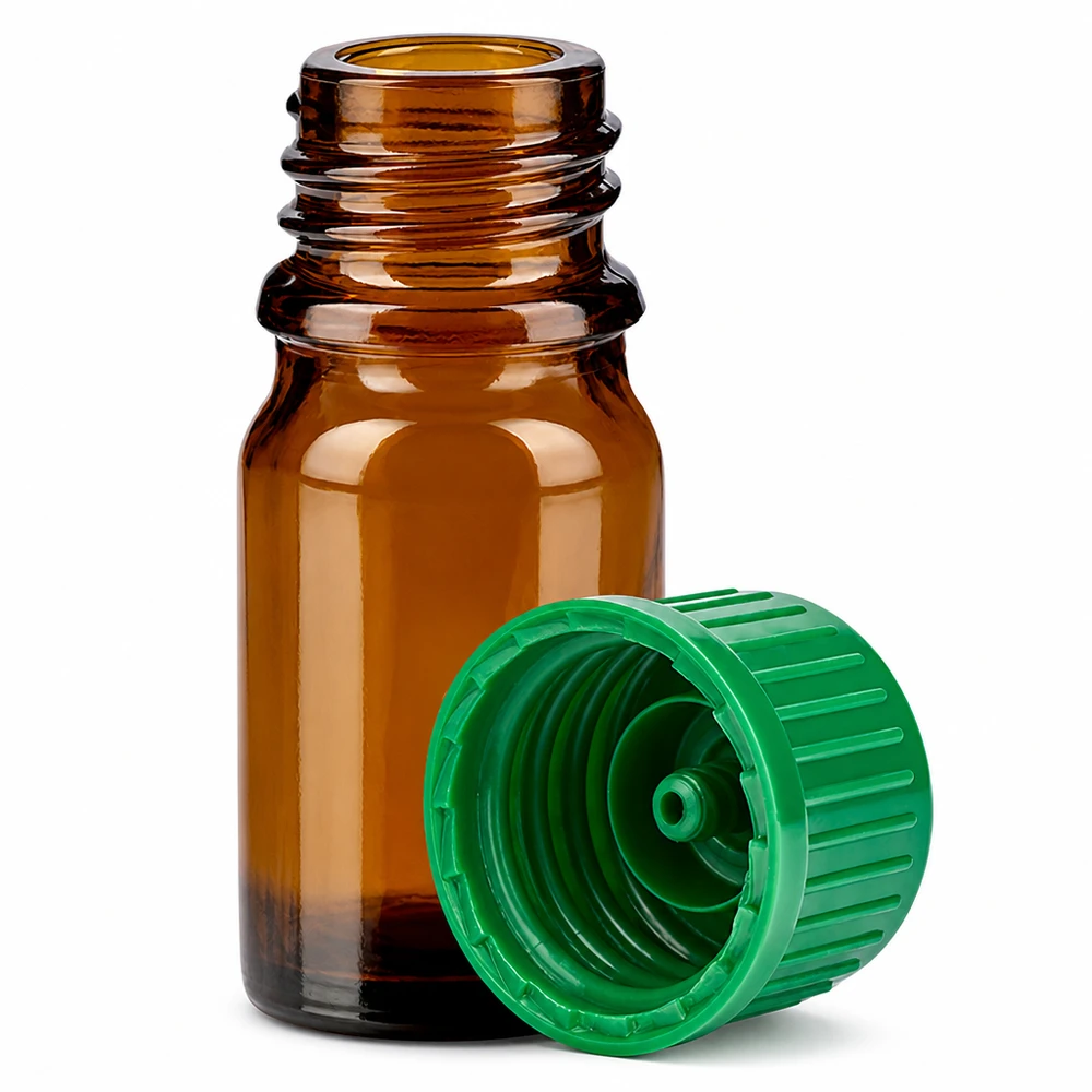 5 ml butelka z brązowego szkła z zieloną nakrętką do aromaterapii i kosmetyków