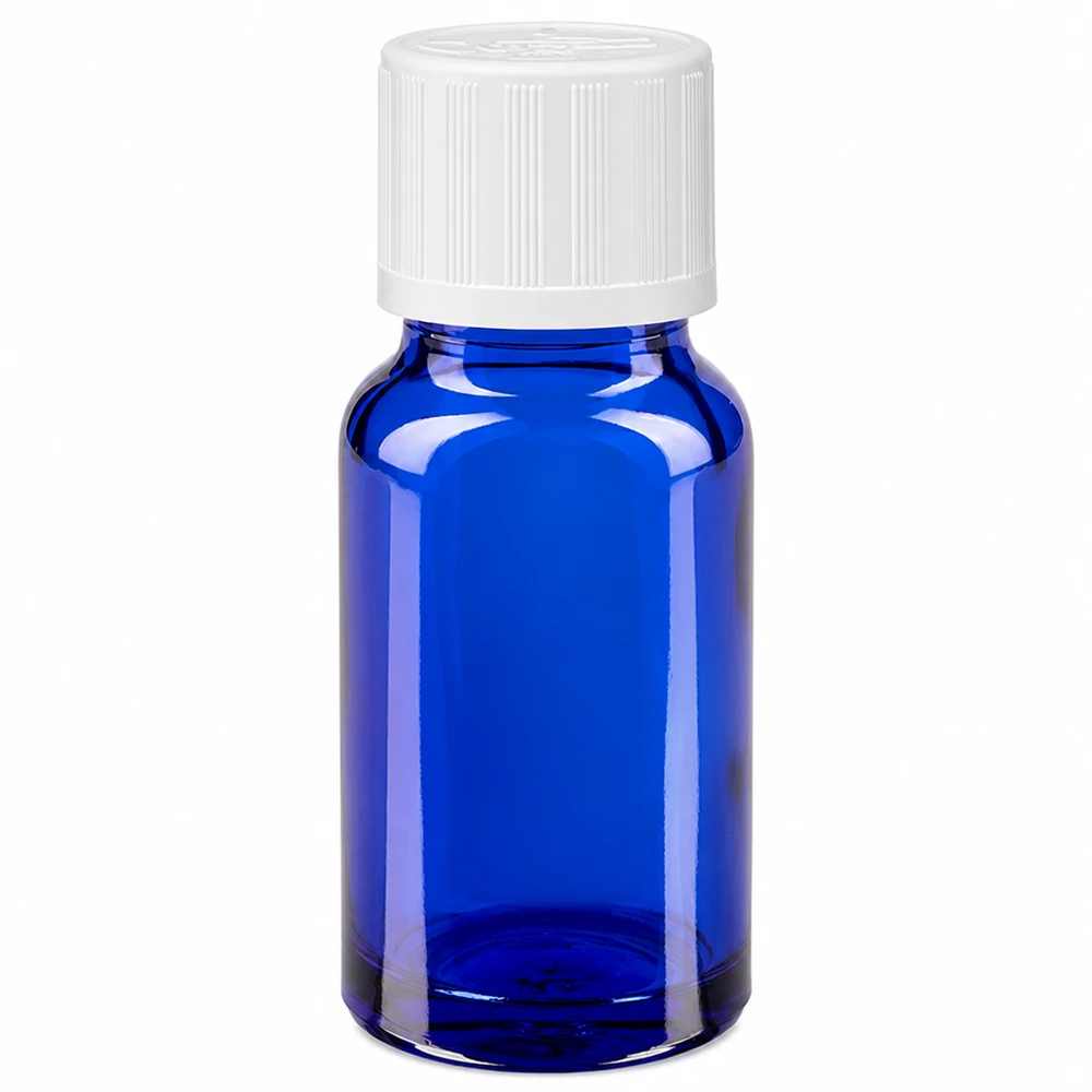 10 ml niebieska szklana buteleczka apteczna z białym zamknięciem zabezpieczającym przed dziećmi i wkładem do kroplomierza o średnicy 1,2 mm
