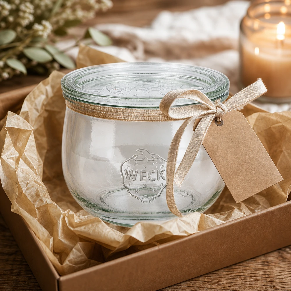 Słoik tulipan o pojemności 580 ml ze szklaną pokrywką WECK RR100 Słoik WECK tulipan 580ml RR100 jako pomysł na prezent prezentowany w pudełku z ozdobną kokardą i przywieszką