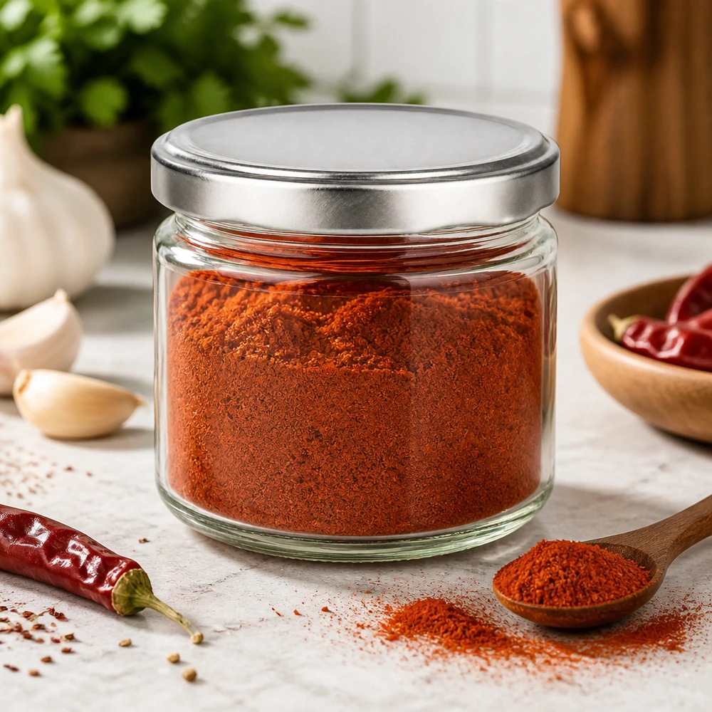 Okrągły słoik 330 ml z pokrywką BasicSeal wypełniony papryką w proszku w pojemniku do przechowywania przypraw w środowisku kuchennym