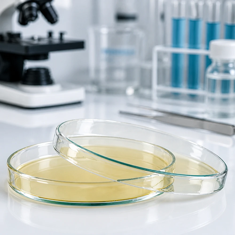 Szalka Petriego o wymiarach 120 x 20 mm, wykonana z przezroczystego szkła borokrzemowego, z żółtym agarem odżywczym w laboratorium mikrobiologicznym