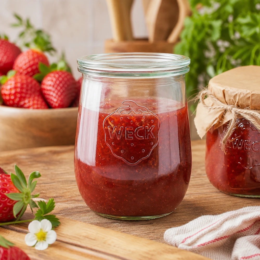 Słoik do przetworów WECK 1062ml wypełniony dżemem truskawkowym na drewnianej desce obok świeżych truskawek i ręcznika kuchennego