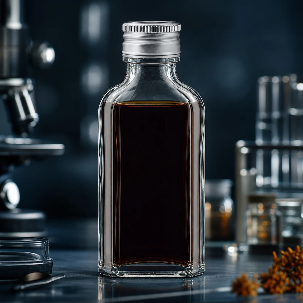 Mała szklana buteleczka Meplat o pojemności 50 ml z ciemną zawartością i srebrnym aluminiowym zakrętkiem PP22 w laboratorium