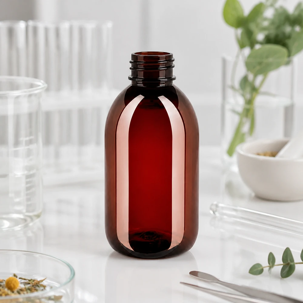 Pusta brązowa butelka PET o pojemności 250 ml bez nakrętki na białym tle w środowisku laboratoryjnym