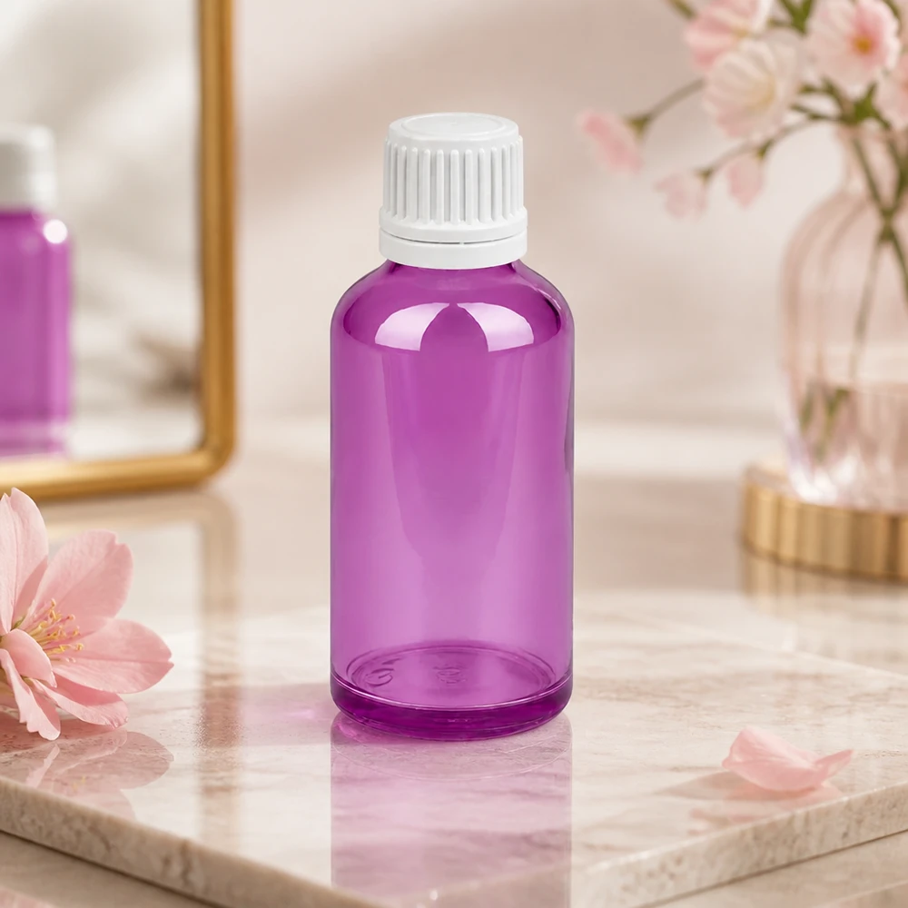 Butelka 50ml 11mm zakrętka biała Oryginalna zakrętka PurpleLine UT18/50 Elegancka butelka 50 ml w kolorze fioletowym z białą nakrętką do profesjonalnego pakowania kosmetyków