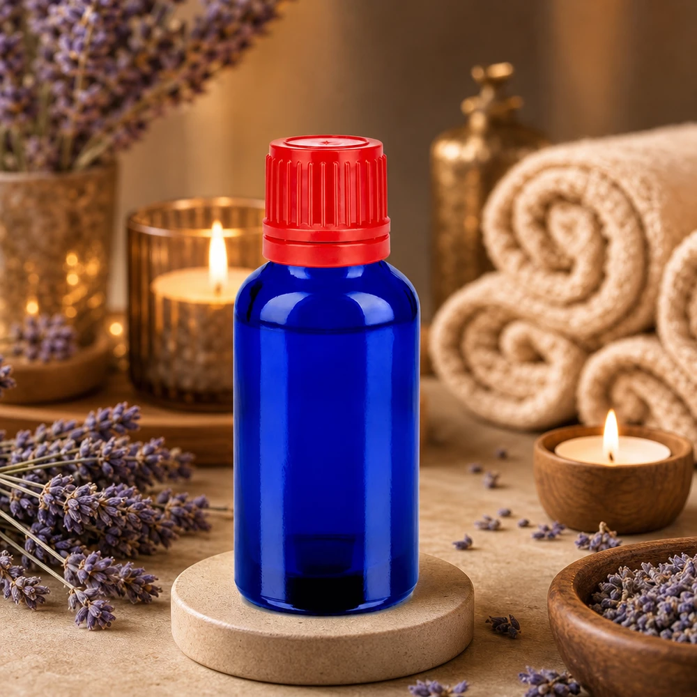 30 ml butelka z pipetą w kolorze kobaltowego błękitu z czerwonym zakraplaczem do aromaterapii i kosmetyków