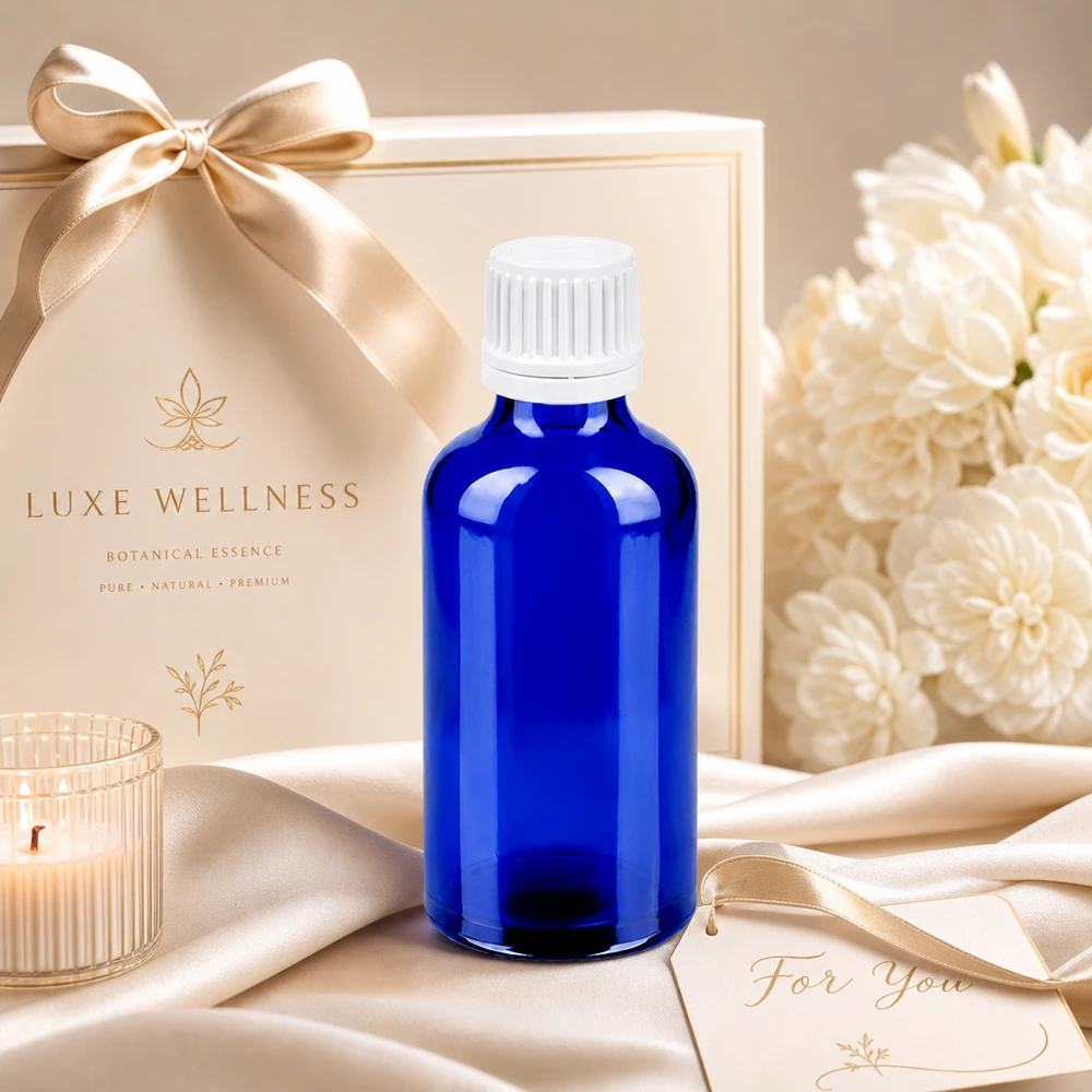 Wysokiej jakości szklana butelka o pojemności 50 ml w kolorze kobaltowego błękitu z białym zakraplaczem do produktów wellness