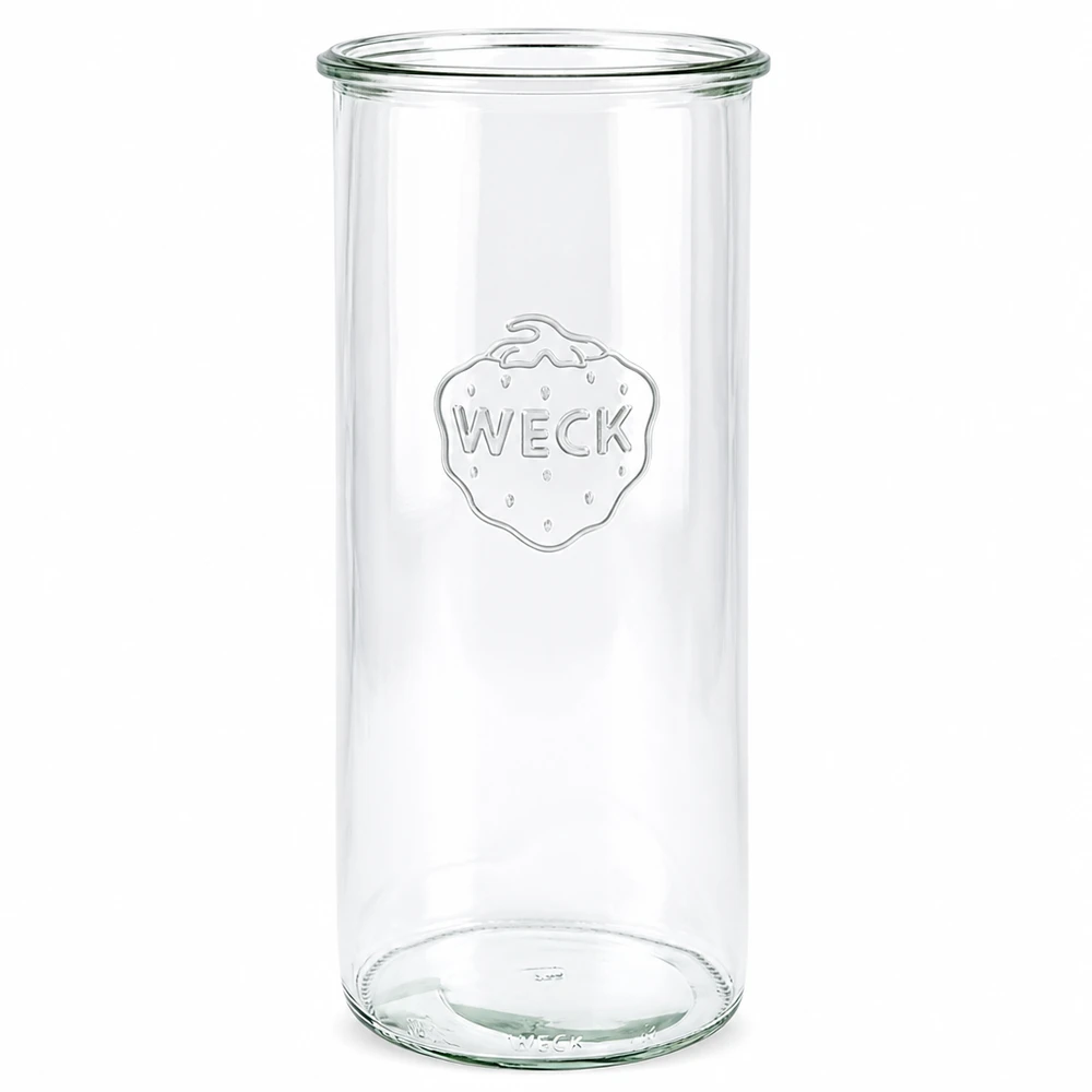 Słoik z zakrętką WECK RR100 o pojemności 1500 ml Przezroczyste kubki WECK 1500ml RR100 z wytłoczonym logo i okrągłą podstawą do przechowywania i konserwowania.