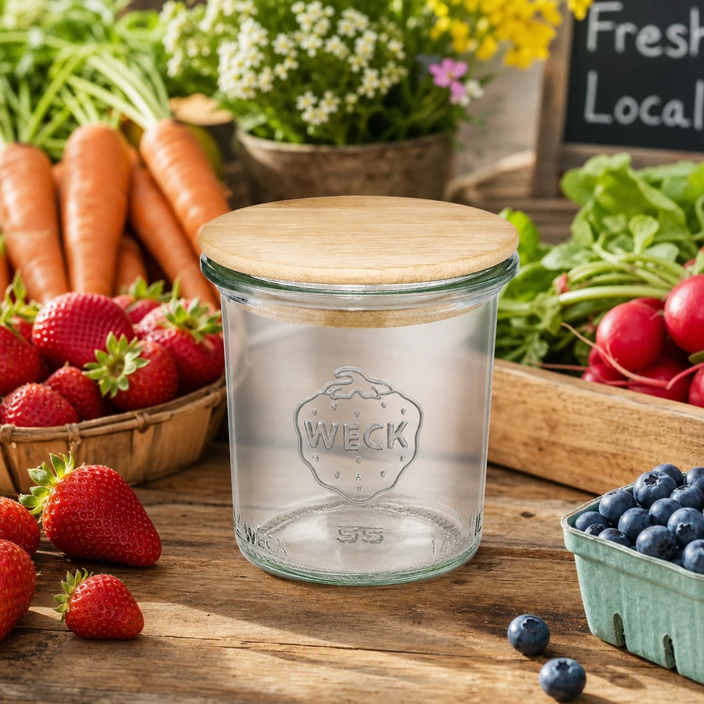 Kubki WECK 140ml RR60 z drewnianą pokrywką otoczone świeżymi warzywami i owocami na drewnianym stole w klimacie farmerskiego targu