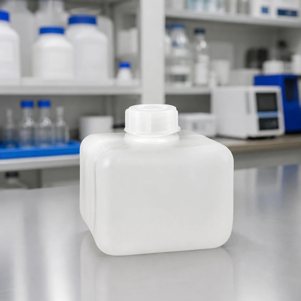Butelka na chemikalia z PE-HD o wąskiej szyjce, pojemność 250 ml, w naturalnym, przezroczystym kolorze, z zakrętką, do zastosowań laboratoryjnych