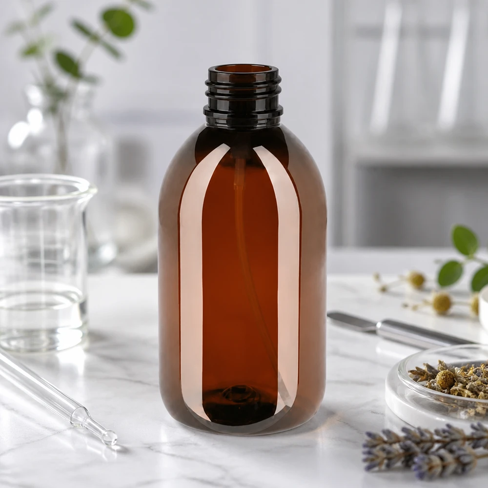 Kompakte braune Kunststoffflasche 250ml mit Gewindehals für Kosmetik und Aromatherapie