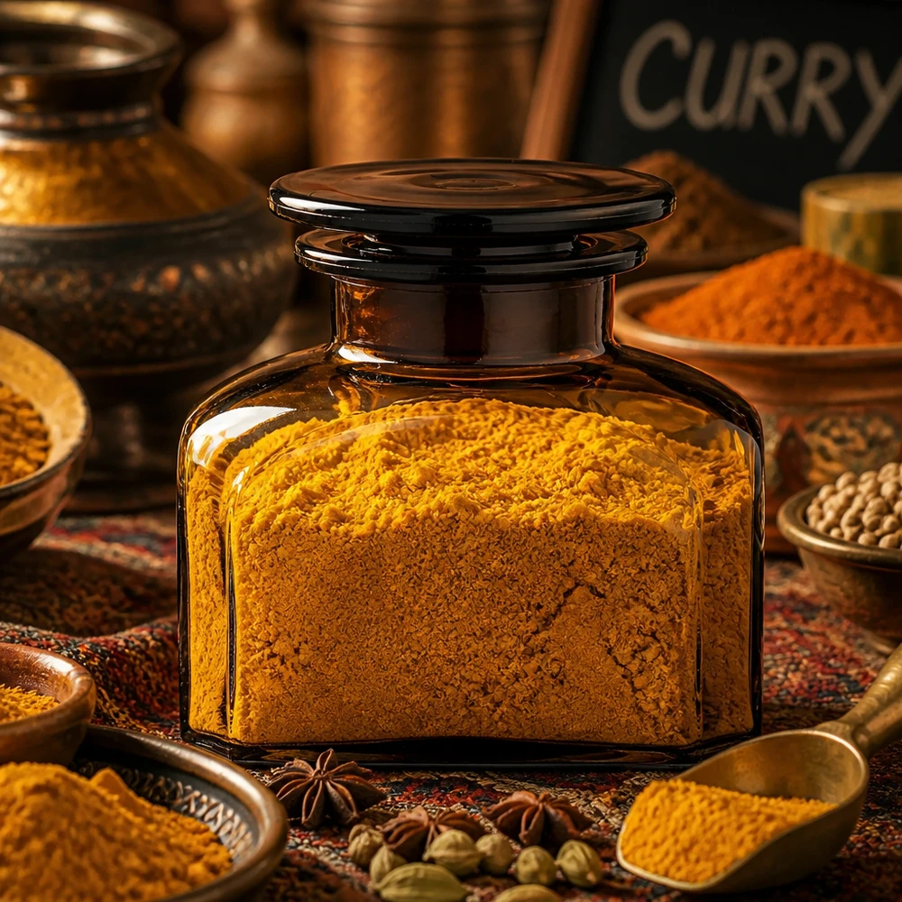 Brązowa szklana butelka apteczna o pojemności 150 ml, wypełniona żółtą przyprawą curry, otoczona miseczkami z przyprawami