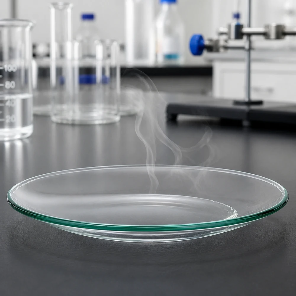 Szklana miska zegara Ø 110 mm Płaskie szklane naczynie o średnicy 110 mm z charakterystycznym kształtem szkiełka zegarkowego do eksperymentów laboratoryjnych