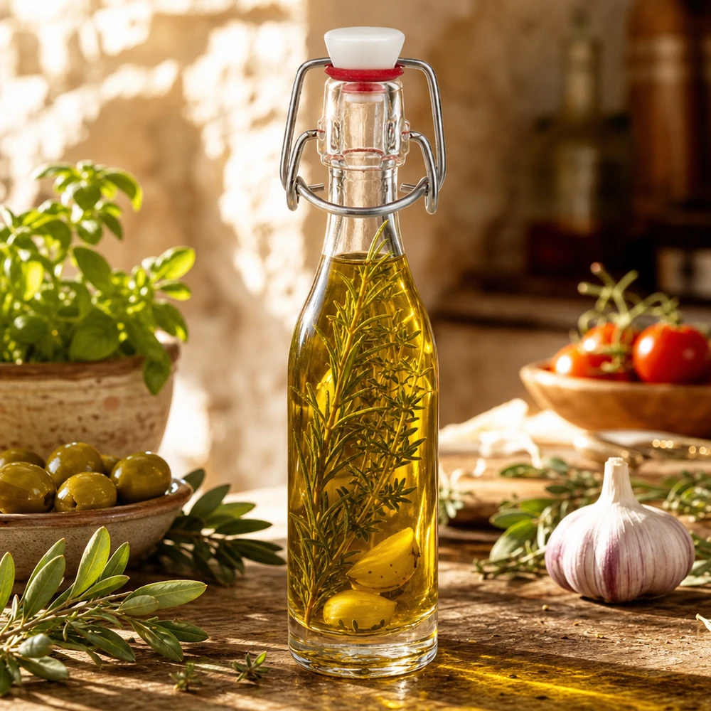 50 ml szklana butelka z obrotowym wieczkiem wypełniona olejem ziołowym z oliwkami, czosnkiem i świeżymi ziołami.