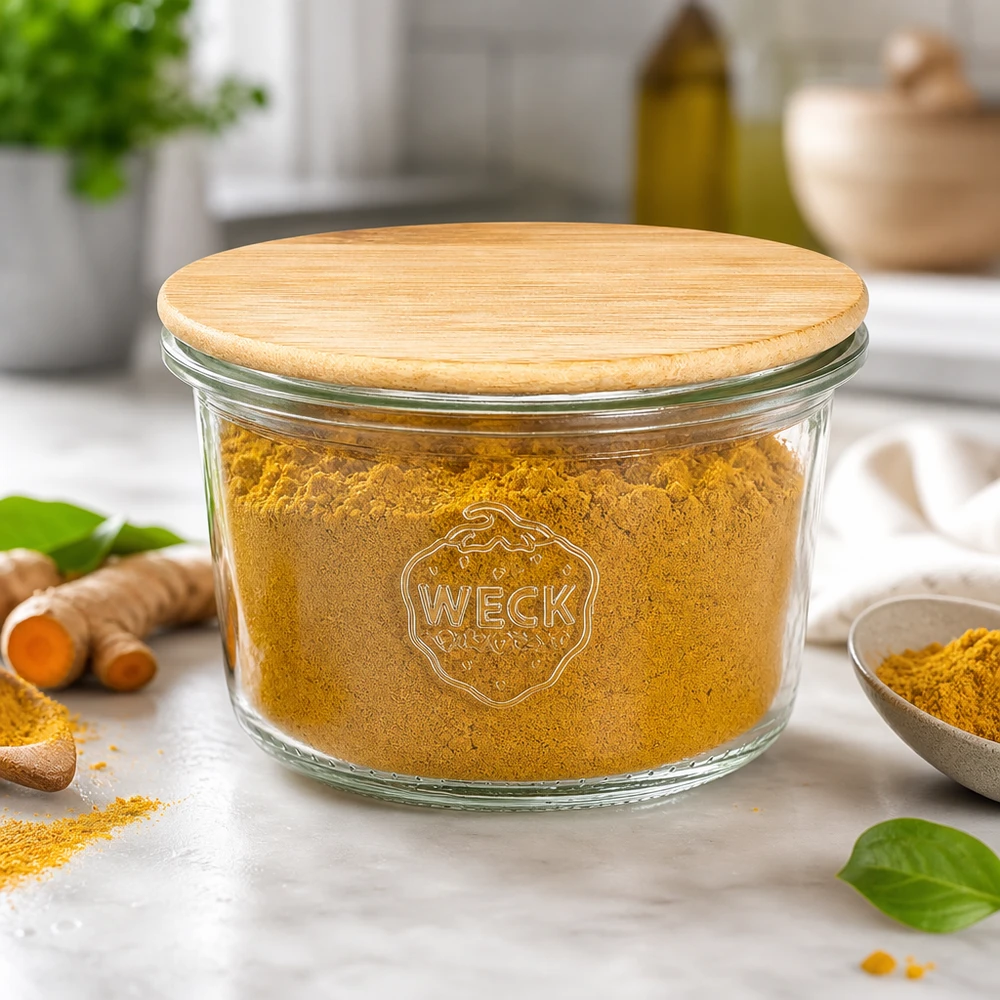 Kubki WECK 80ml RR60 z bambusową pokrywką wypełnione kurkumą w nowoczesnej kuchni ze świeżymi korzeniami