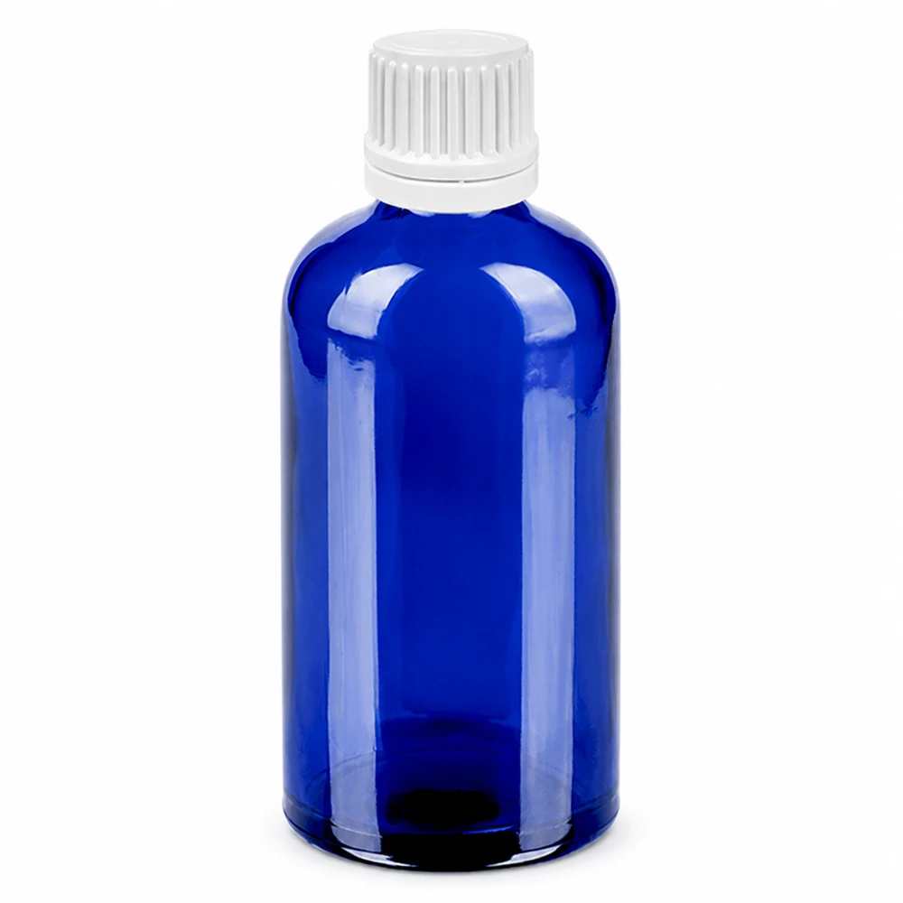 100 ml kroplówka 0,7 mm biała OV BlueLine UT18/100 Niebieska szklana butelka 100 ml z białym zakraplaczem i otworem 0,7 mm do precyzyjnego dozowania