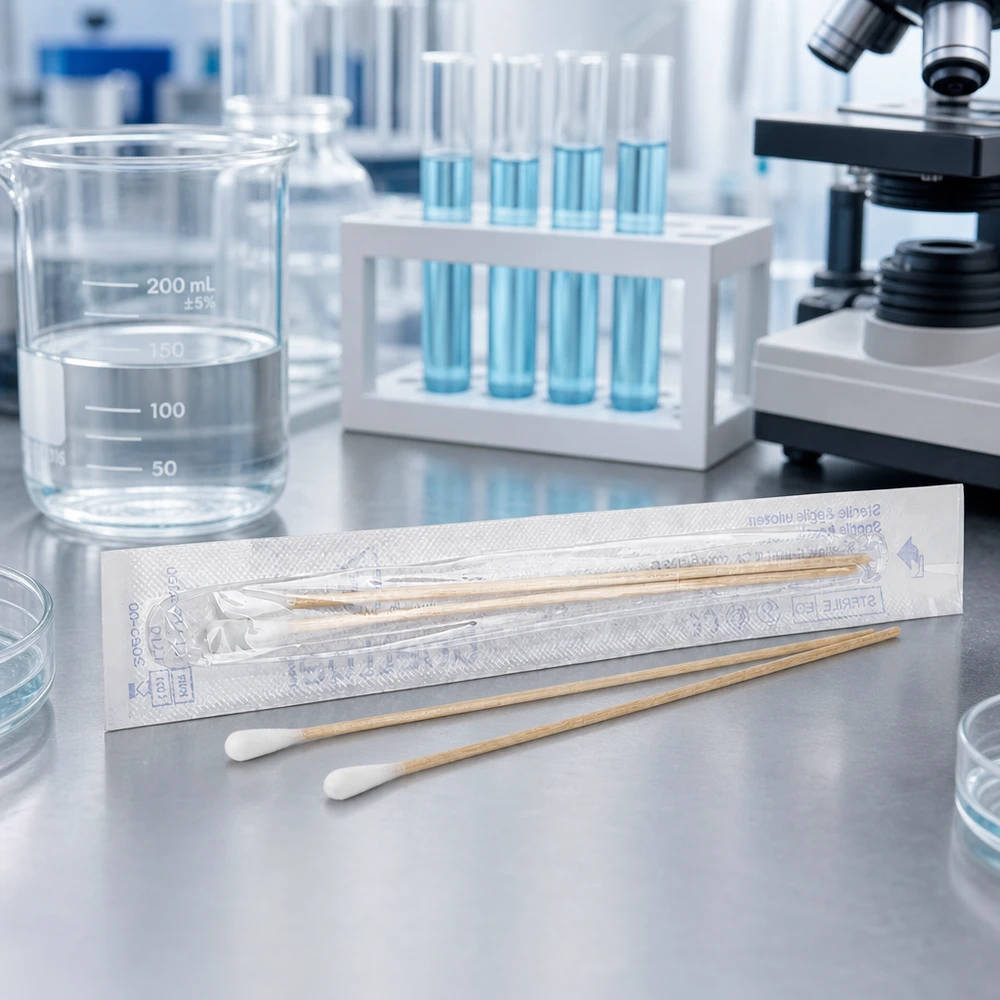 Sterylne pałeczki laboratoryjne, 2 sztuki, w pomieszczeniu czystym obok probówek i mikroskopu