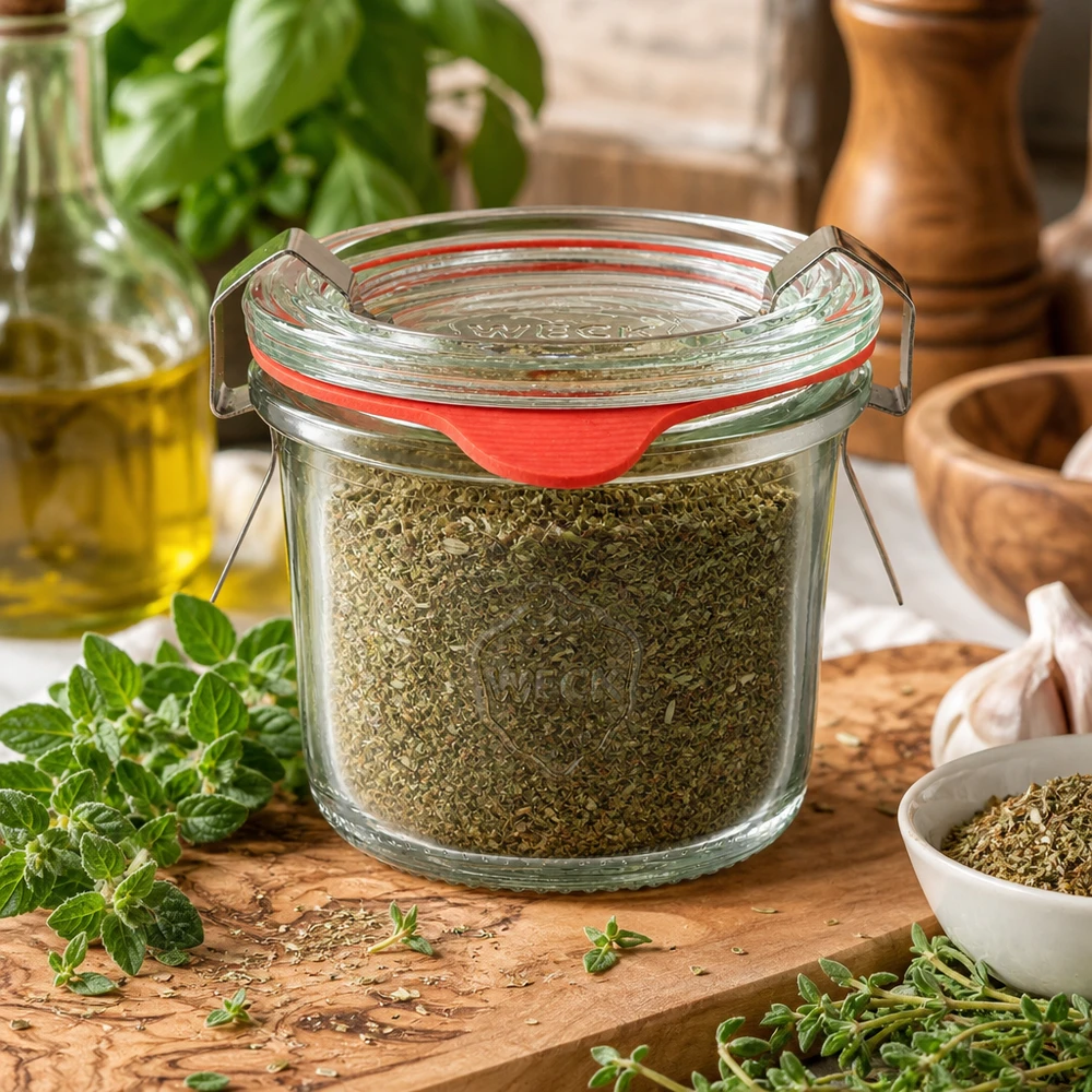Słoik WECK o pojemności 80 ml, wypełniony suszonymi ziołami, na rustykalnej drewnianej desce z oregano