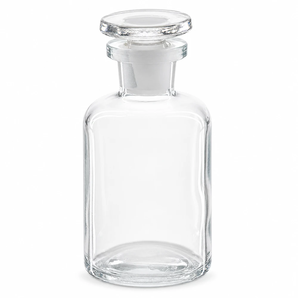 Butelka z zaokrąglonymi ramionami, 50 ml, przezroczysta, z szklanym korkiem, z wąską szyjką, do laboratoriów i aptek