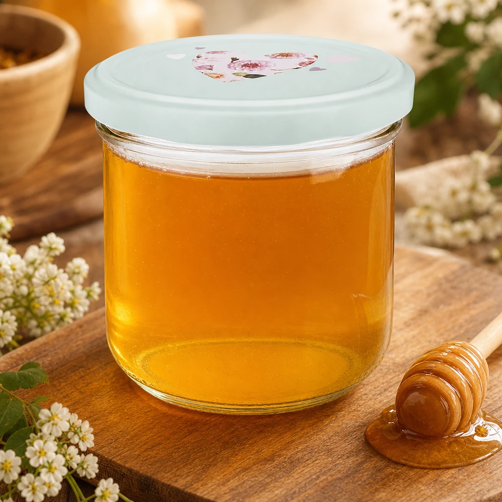 Słoik wypełniony miodem o pojemności 260 ml, miętowo-zielona pokrywka BasicSeal z motywem serca, łyżeczka do miodu i kwiaty jako dekoracja.