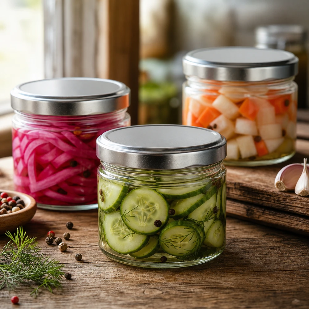 Słoik okrągły 540 ml + pokrywka BasicSeal srebrna matowa UN.. 540 ml okrągłe słoiki ze srebrnymi pokrywkami do przechowywania kiszonych warzyw, ogórków i cebuli