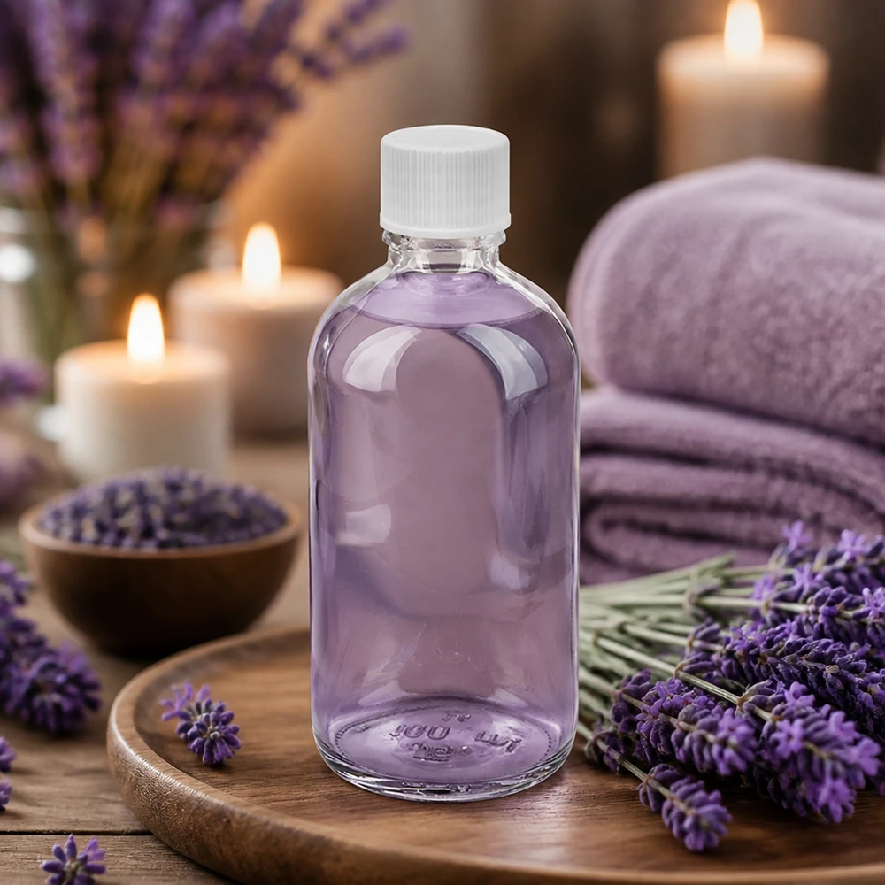 Olejek zapachowy z lawendy w przezroczystej szklanej butelce o pojemności 100 ml z białym zamknięciem, seria UT18 ClearLine