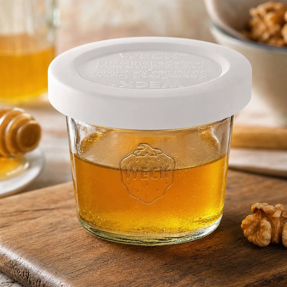 Kubki 35 ml z pokrywką zapewniającą świeżość WECK RR40 Kubek WECK 35ml RR40 wypełniony miodem z białą pokrywką, ozdobiony orzechami włoskimi na drewnianej podstawie