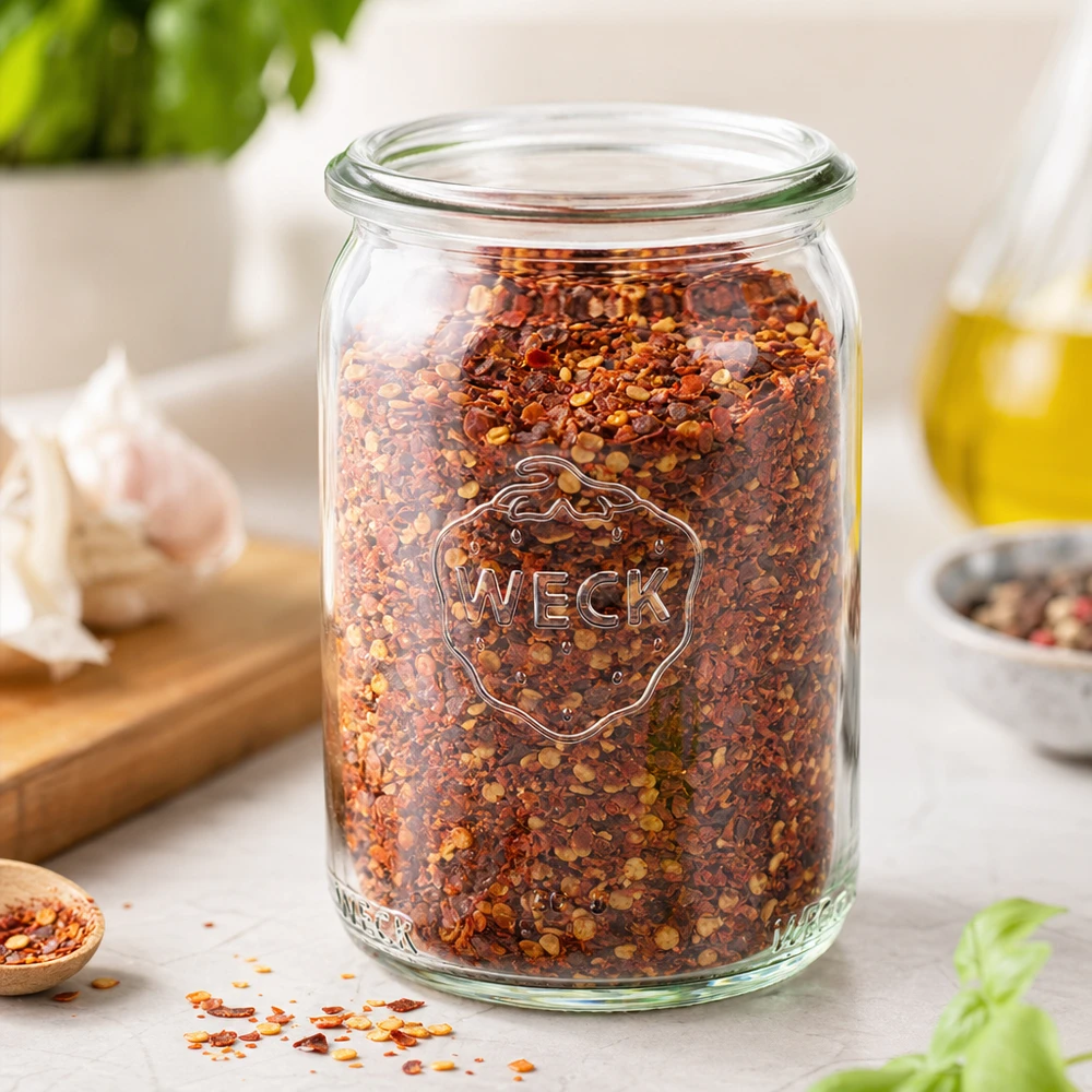 WECK RR40 słoik 145ml wypełniony płatkami czerwonego chili na białym blacie kuchennym z czosnkiem i oliwą