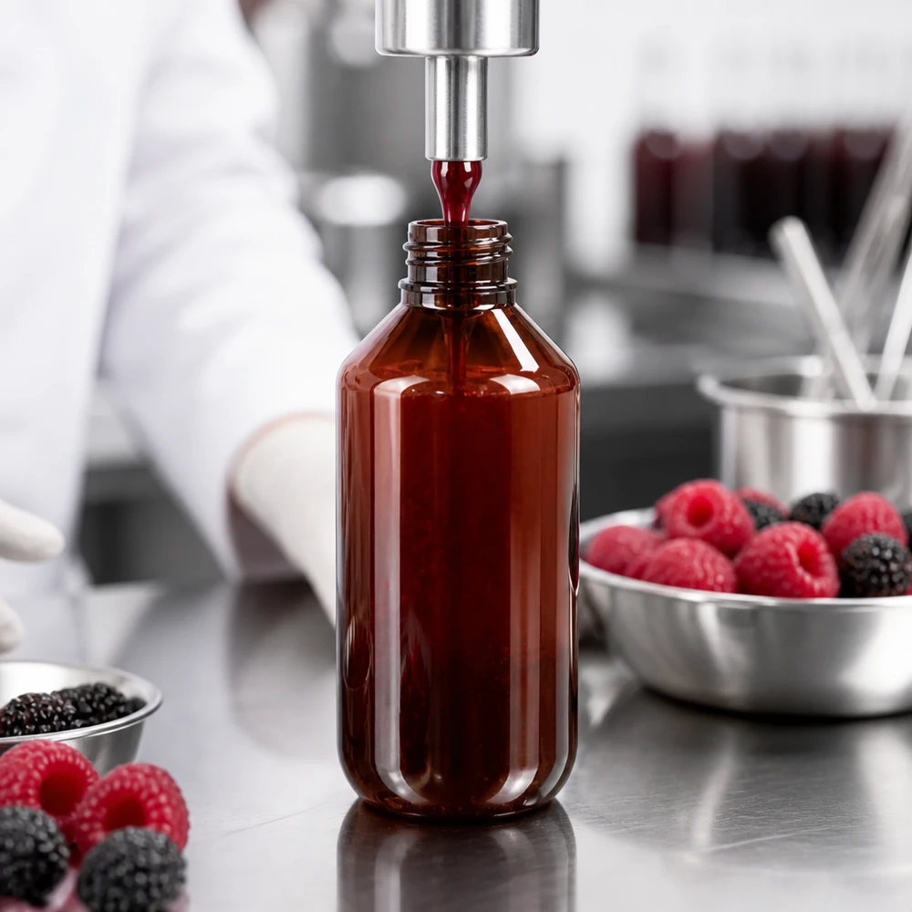 Butelka PET 200 ml z białym atomizerem Professionelle Abfüllung von Himbeer- und Brombeerextrakt in bernsteinfarbene 200ml PET Flasche